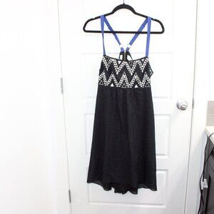 Anthropologie Leifnotes Dress Size 14 Black Blue White Sheath Empire Waist Midi